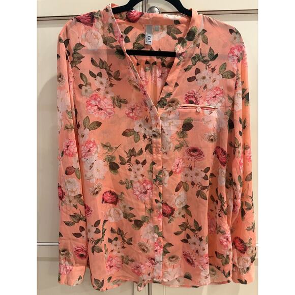 Kut from the Kloth Jasmine Chiffon Pink Floral Blouse Semi Sheer Roll Tab L 8-14 - Picture 1 of 4